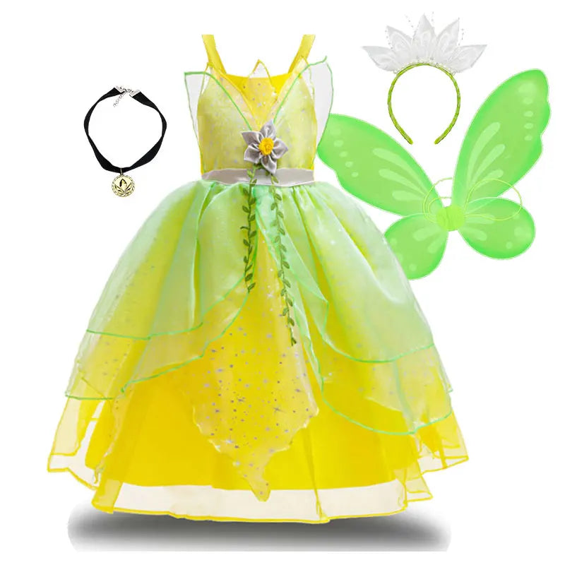 Fairy Tale Princess Costume for Girl Dressy Floral Ball Gown Princess and Frog Cosplay Tiana Halloween Apparel Green Dress 2-10Y