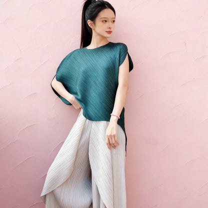 Miyake pleated high-end design fashionable irregular solid color round neck top for women