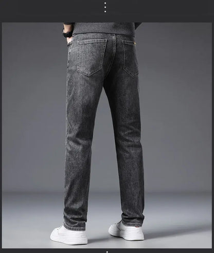 Calça Jeans Masculina Coreana Macia Elástica Slim Fit Negócios Casual Reta Jeans Clássica Marca Azul Lavado Cinza