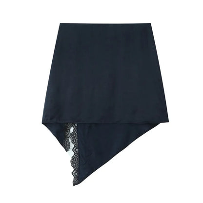 Women Satin Mini Skirt with Lace Spring Summer Mid Waist Women's Asymmetric Hem Skirt Side zip Women's Chic Skirts
