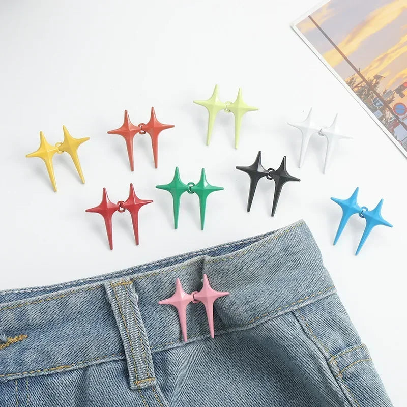 1Pair Cross Star Waist Buckle Adjustable Detachable Pants Clips Waist Tightener Nail-free Metal Button Snaps for Jeans Decor