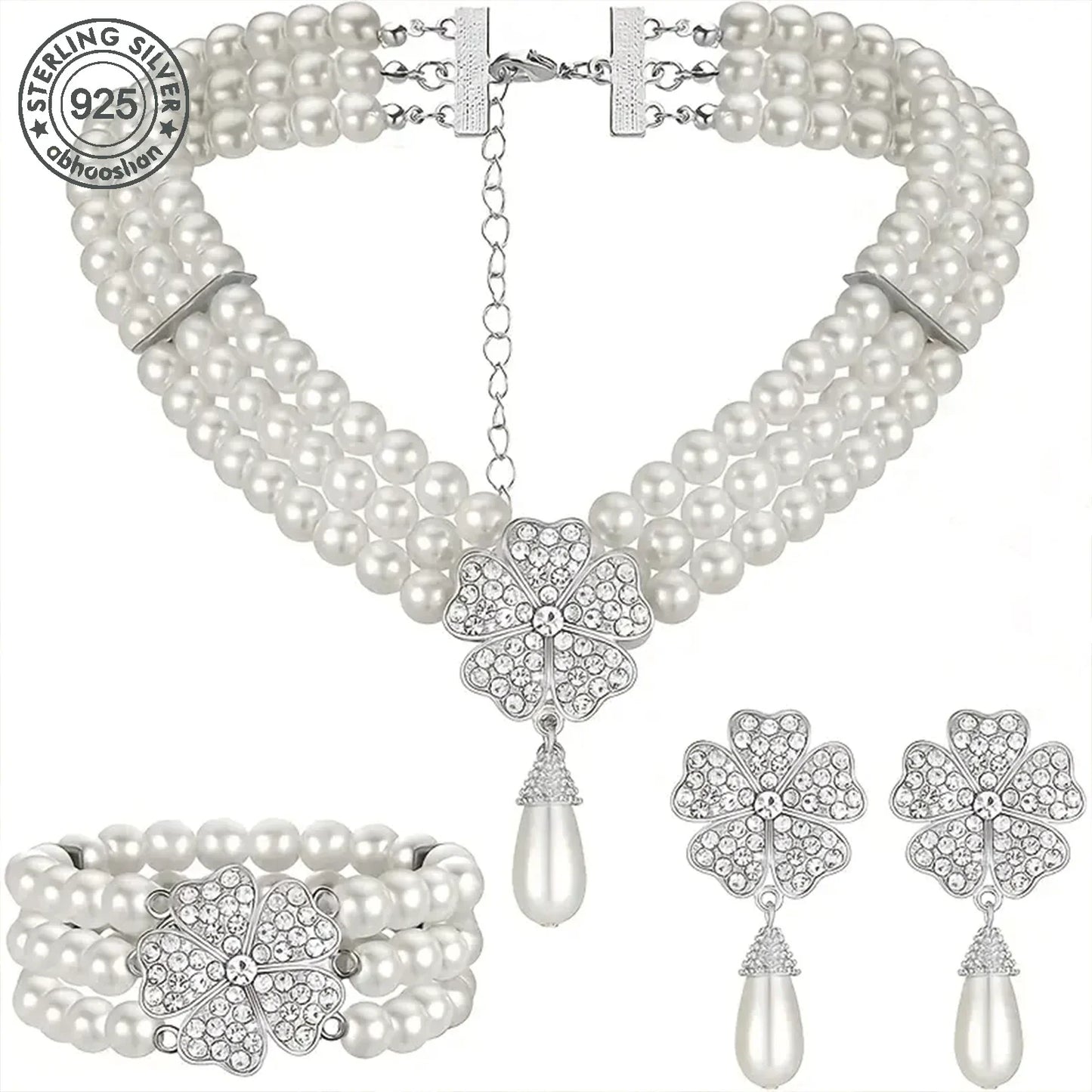 925 Silver, 1 Piece 1920's Pearl Jewellery Set with Vintage Girl Earrings, Layered Faux Pearl Necklace and Bracelet for Women