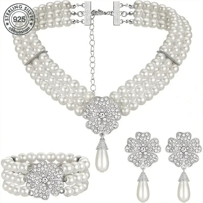 925 Silver, 1 Piece 1920's Pearl Jewellery Set with Vintage Girl Earrings, Layered Faux Pearl Necklace and Bracelet for Women
