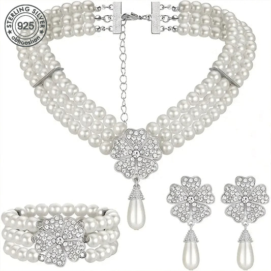 925 Silver, 1 Piece 1920's Pearl Jewellery Set with Vintage Girl Earrings, Layered Faux Pearl Necklace and Bracelet for Women