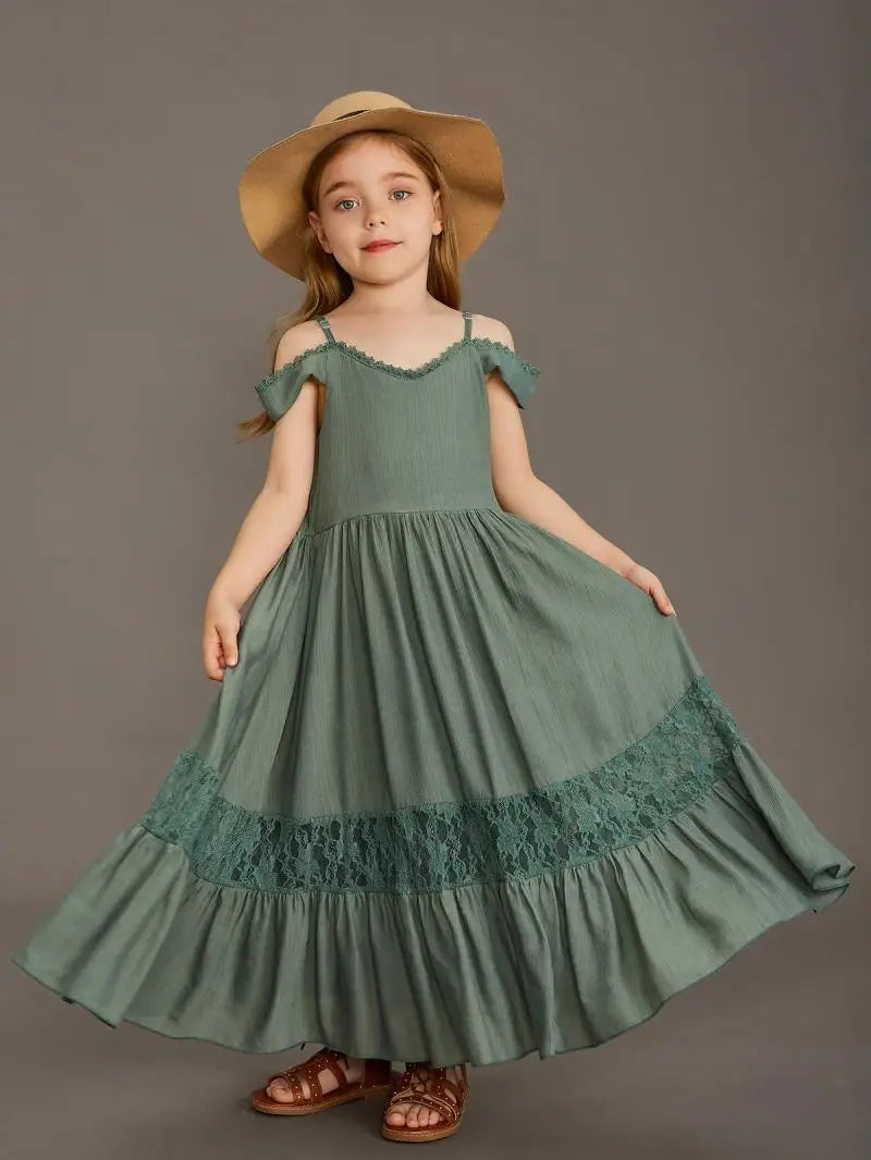 New Summer Strap Ruffle Girls Solid Color Slip Floor Long Dress Baby Kids Evening Party Dress Cloting for 4 6 7 8 10 12 Year