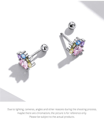 925 Sterling Silver Animals Cute Paws Rainbow Stud Earrings For Women Heart Oval Flower Zircon Crab Ear Studs Jewelry Gift