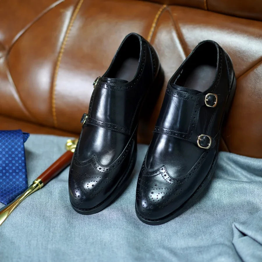 Classic Men Genuine Leather Dress Shoes Brogue Double Buckle Monk Strap Metal Buckle Business Office Wedding Formal Shoes