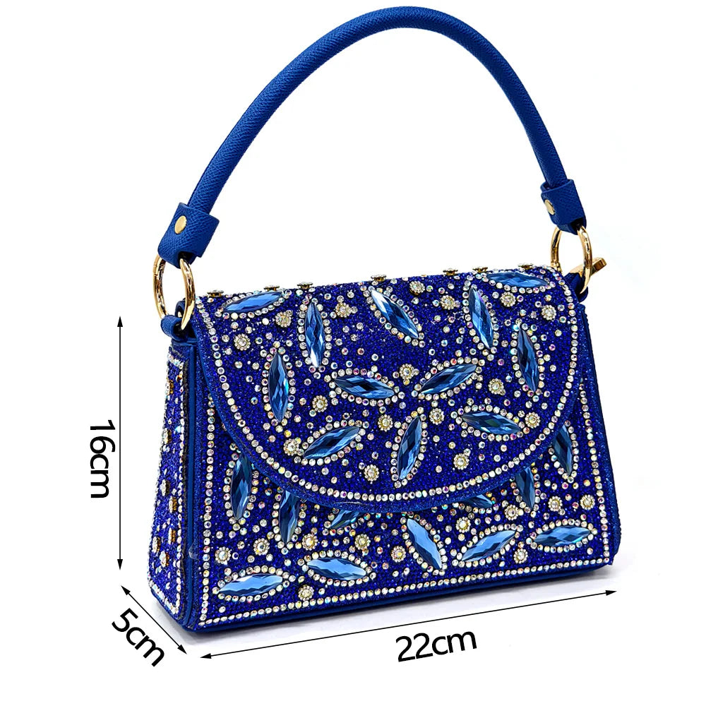 Elegant Nigerian Women's Blue Heels and Rhinestone Handbag Set - Italian Design for Weddings and Parties