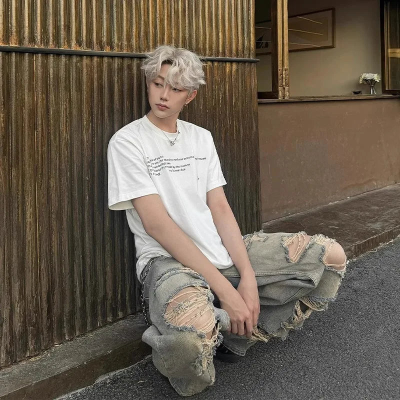 Ripped Jeans Men's Straight Loose Wide-leg American High Street Pants Retro Trousers Cotton Casual Pants Baggy Jeans