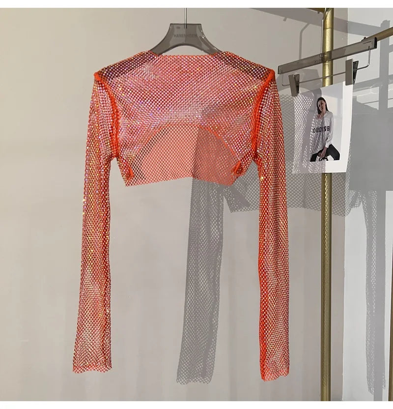 new sexy bright diamond short top Slim thin Ms. hot drill long-sleeved T-shirt sexy leak waist nightclub