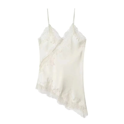 Women Elegant Polka Dot Lace Slip Tops Asymmetrical Hem Tanks Camis Summer Lady Sexy Lace Splicing Club Party Tops Camisole