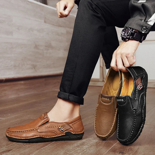 Men’s leather loafers slip-on soft sole business casual driving shoes brown