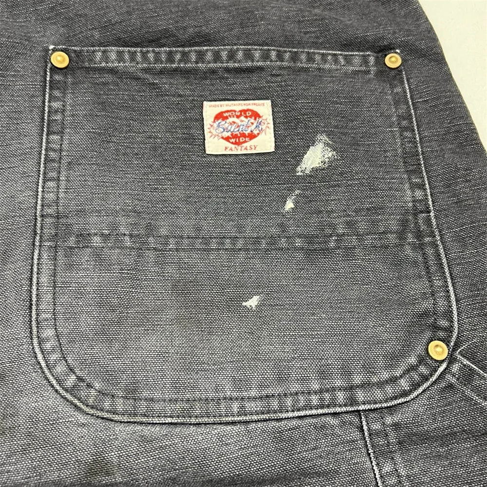 Black Nice Washed Damaged Saint DOUBLE KNEE Zipper Denim Shorts Men Women Oversized Shorts