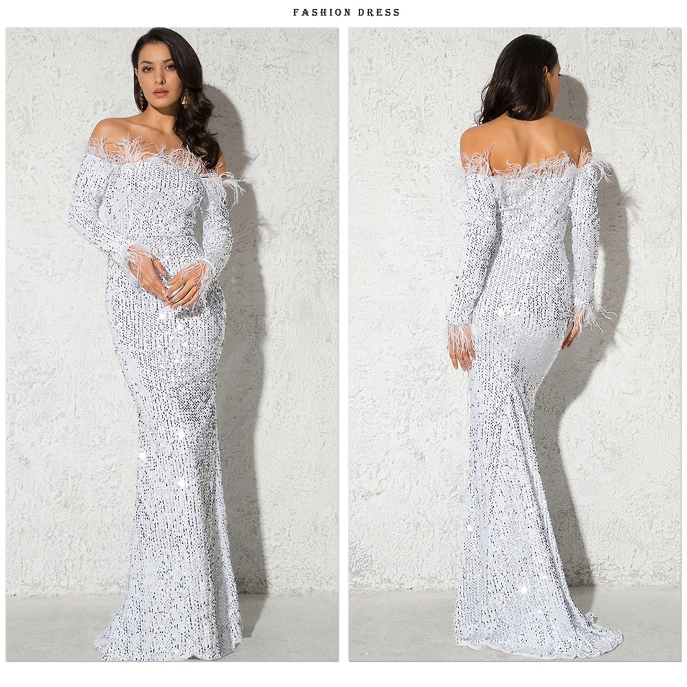 Sparkle Sequin Green Feathers Maxi Cocktail Dress Mermaid Off Shoulder Long Sleeves Stretch Wedding Party Gown Dresses 2025