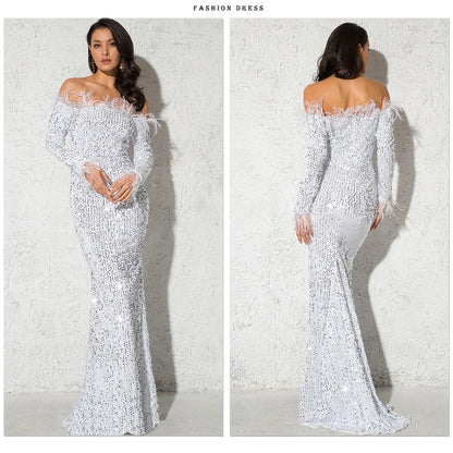 Sparkle Sequin Green Feathers Maxi Cocktail Dress Mermaid Off Shoulder Long Sleeves Stretch Wedding Party Gown Dresses 2025