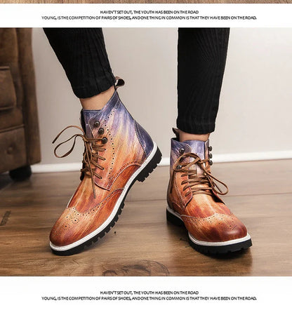 Men Lace-up High Top Brogue Carved Business Boots