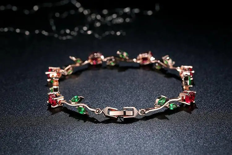 Rose Gold Color Leaf Chain & Link Bracelet with Red + Green AAA Zircon for Mother Gifts Jewelry JIB072