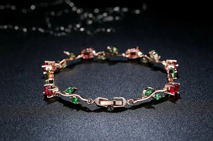 Rose Gold Color Leaf Chain & Link Bracelet with Red + Green AAA Zircon for Mother Gifts Jewelry JIB072