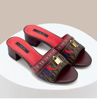 Fashionable High Quality Metal Lock Monogram Print Women's Low Heeled Slippers Temperament Versatile Women's Slippers