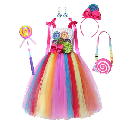 Rainbow Lollipop Girls Dress Sweet Purim Festival Celebrate Costume Fancy Carnival Children Vestidos Princess Cosplay Outfits