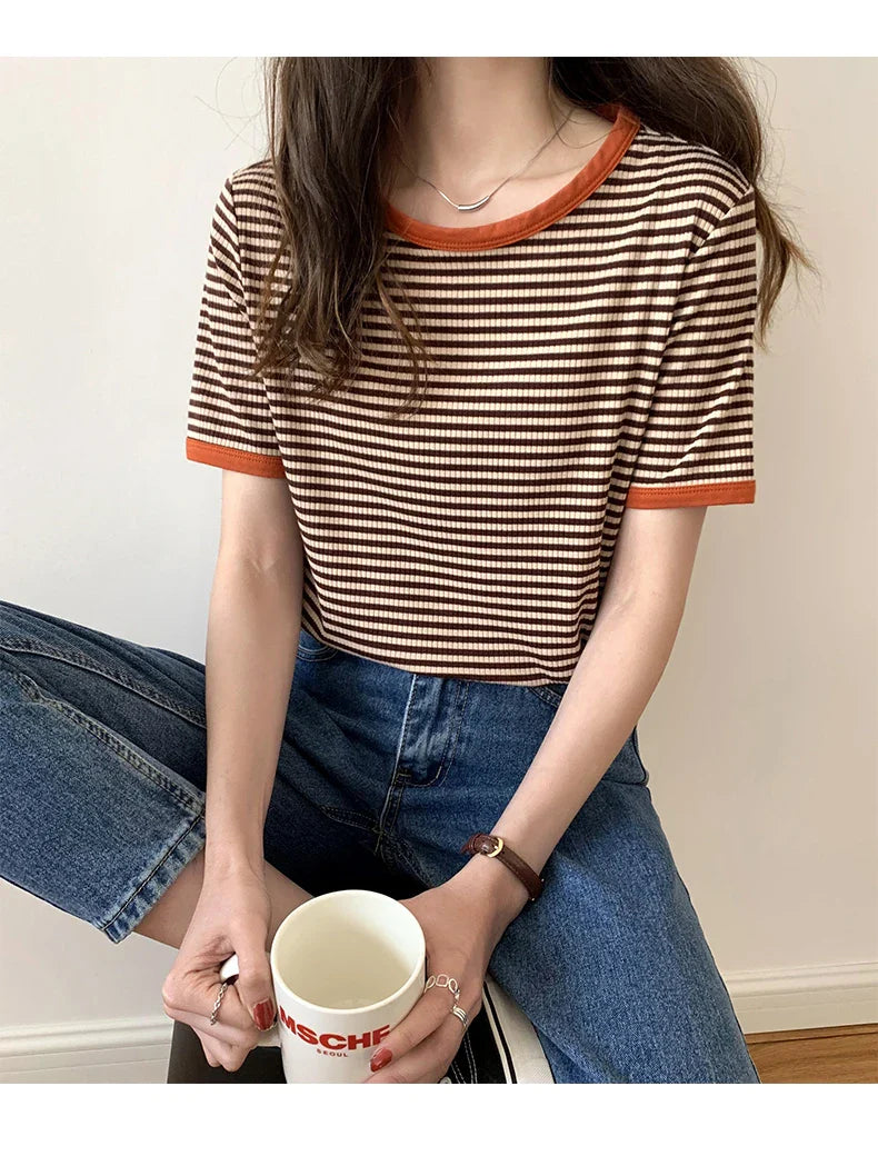 Striped Short Sleeve T-shirt Women's Summer New Korean Version Loose Retro Contrast Slim Round Neck Top Women's Fashion Casual
