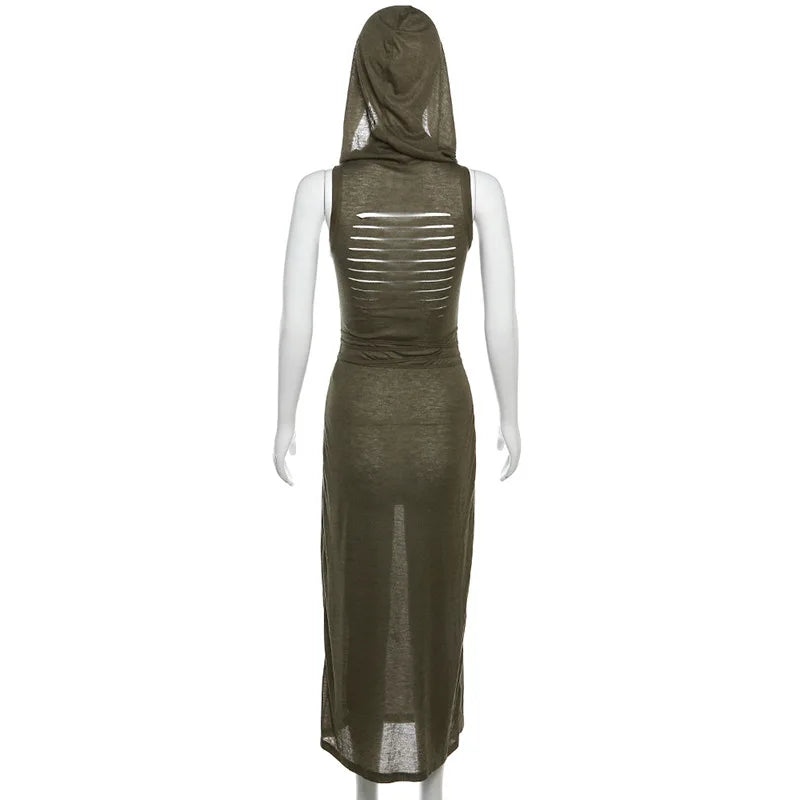 European And American Style Sleeveless Hooded Dress Long Split Hollow out Pure Color Women's Gown