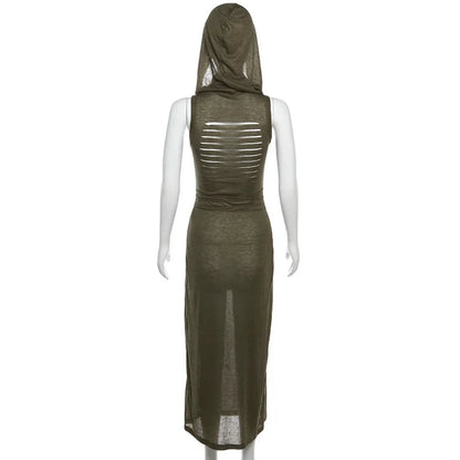 European And American Style Sleeveless Hooded Dress Long Split Hollow out Pure Color Women's Gown