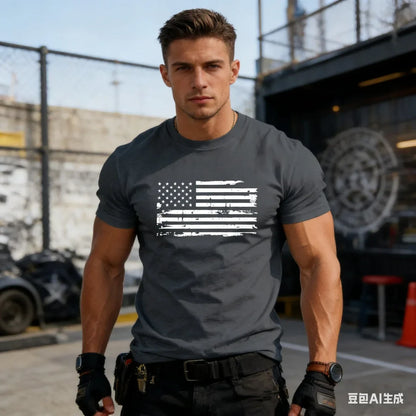 New Summer Men's T-shirt with Distressed American Flag Print Fashion Casual Short Sleeve Top Trendy New Arrival Comfortable Tee