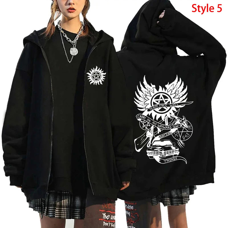 Fashion Unisex Autumn Winter Coat Supernatural Print Zipper Hoodie Casual Long Sleeve Tops Women Men Harajuku Zipper Sweatshirt
