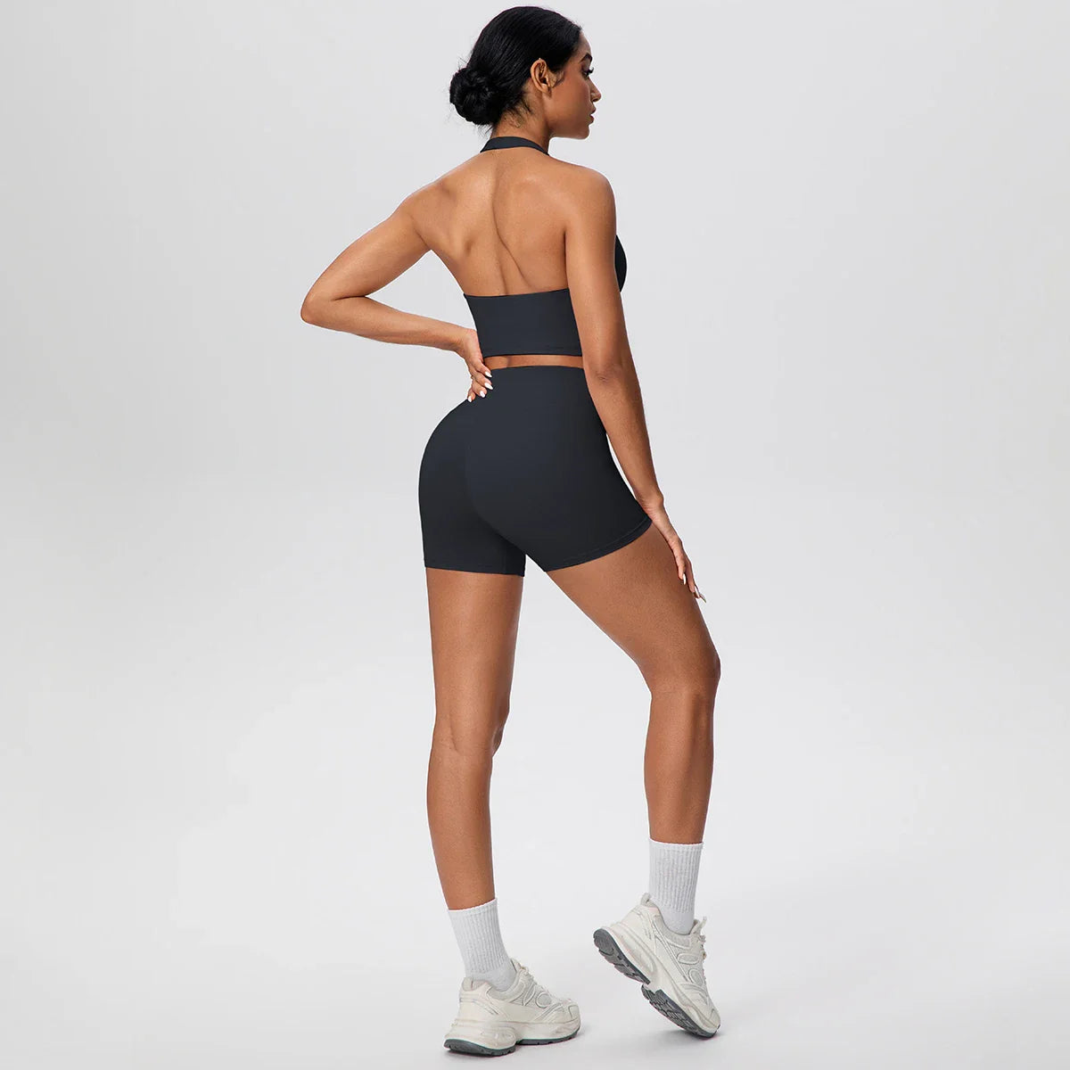 2picese Women Yoga Suit Solid Color High Waist Hip Push Up Fitness Shorts Sexy Pilates Backless Gym Hanging Neck Bra Yoga Set