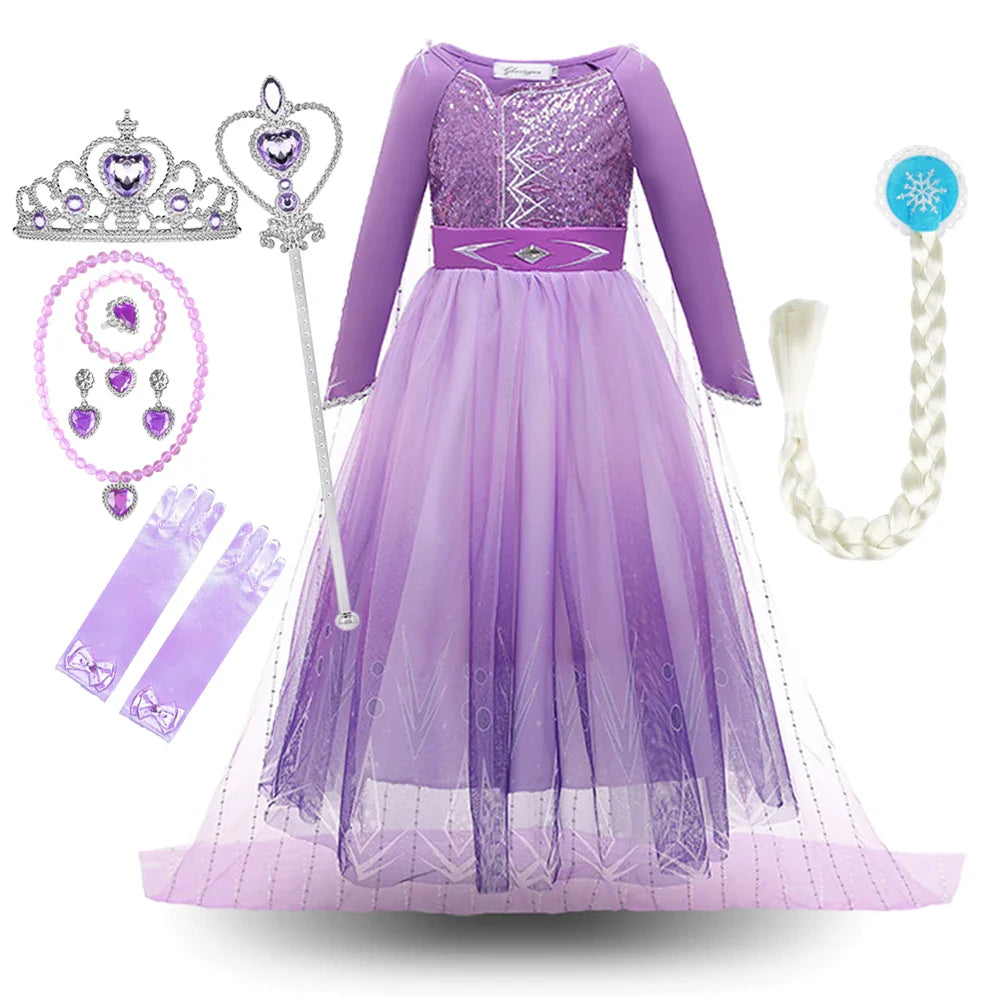 2026 Princess Girl Dress Snow Queen Halloween Cosplay Elsa Party Purple Costume Role Play Clothes Children Outfit Dress