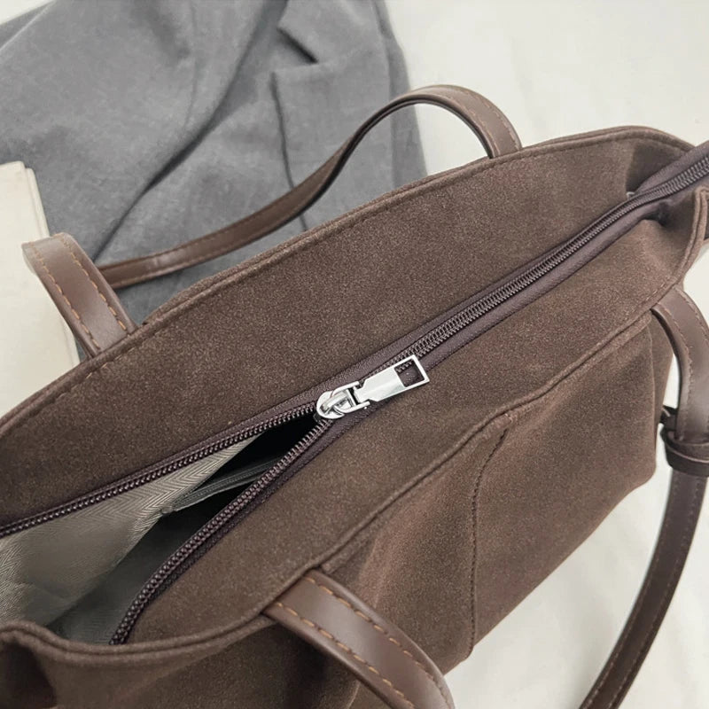 Suede Shoulder Bags for Women Large Suede Totes Lightweight Underarm Bag Casual Shopper Handbag Solid Color Travel Bucket Bags