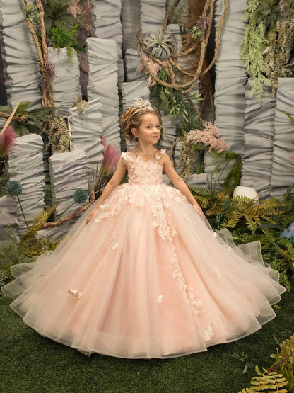 Pretty Dress Pink Flower Girl Dress Princess Lace Floral Appqulies Tulle Fluffy Skirt Floor Length Ball Gowns Comuunion Party