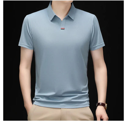 High quality brand solid color V-neck short sleeve polo shirt men summer fashion simple casual ice silk breathable lapel T-shirt