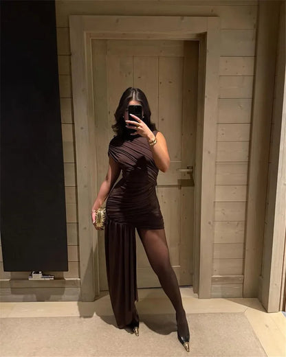Irregular Draped Ruched Sexy Mini Dress For Women Elegant Turtleneck Sleeveless High Waist Pleated Club Party Dress
