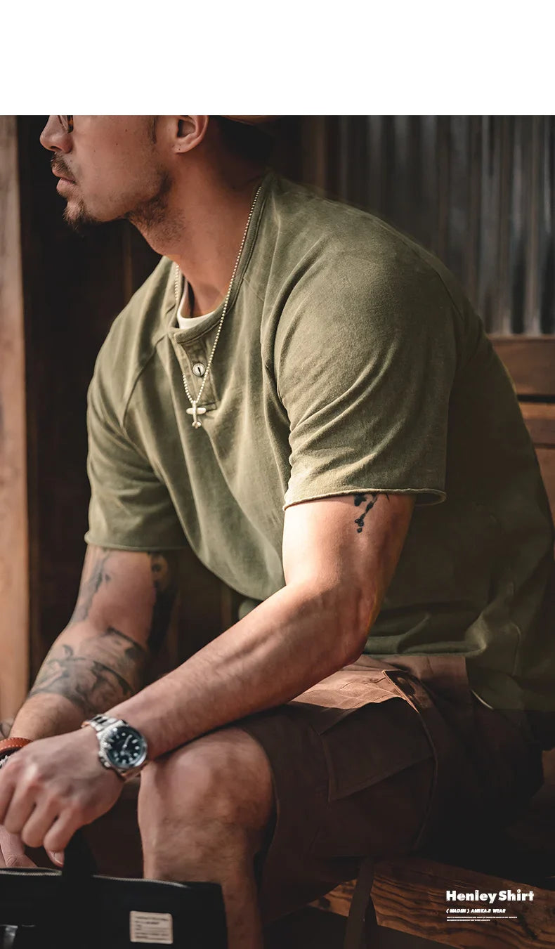 Japanese Vintage Heavyweight Henley T-Shirt Men Distressed Loose Short Sleeve Tops Casual Button Cotton Washed Tee Shirts