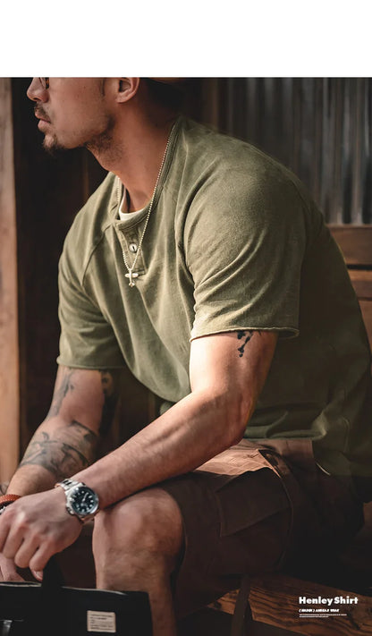 Japanese Vintage Heavyweight Henley T-Shirt Men Distressed Loose Short Sleeve Tops Casual Button Cotton Washed Tee Shirts