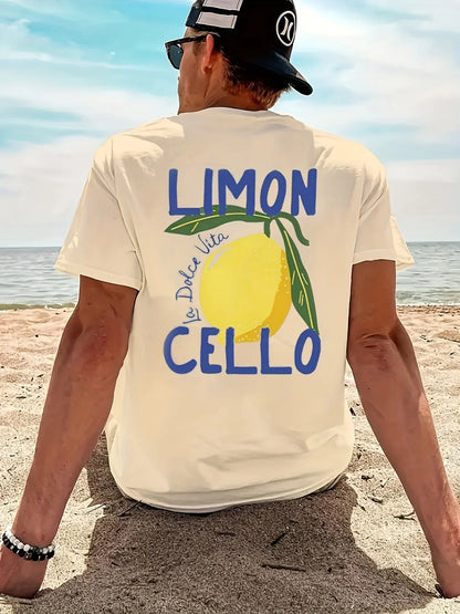 Men's 100% pure cotton fashionable casual loose sports LIMON CELLO pattern printed round neck short sleeved T-shirt top