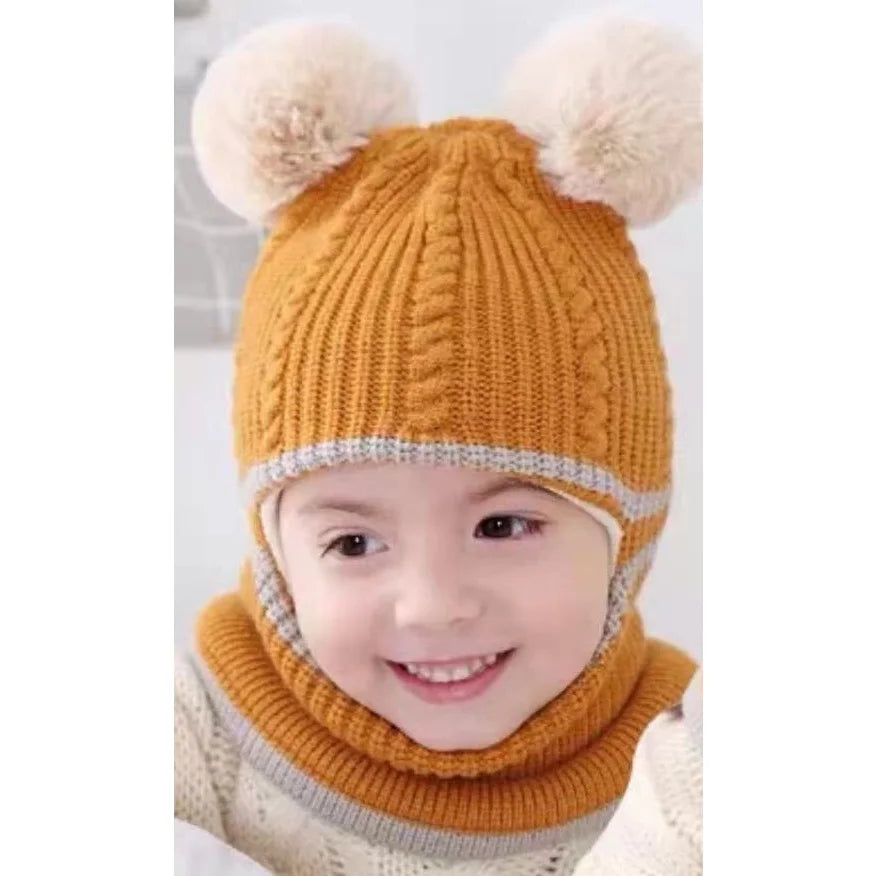 2-4year kid's knitted hat winter warm woolen hat  mask scarf one-piece