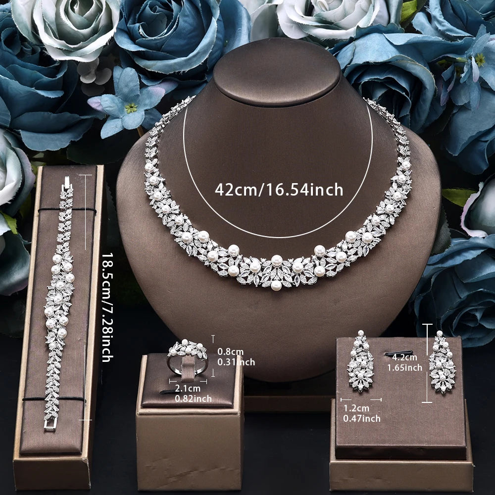 High Quality Zirconia Pearls 4pcs Jewellery Necklace Set Prom Wedding Jewelry Set Bridal Party Accessories