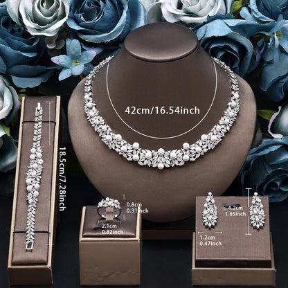 High Quality Zirconia Pearls 4pcs Jewellery Necklace Set Prom Wedding Jewelry Set Bridal Party Accessories