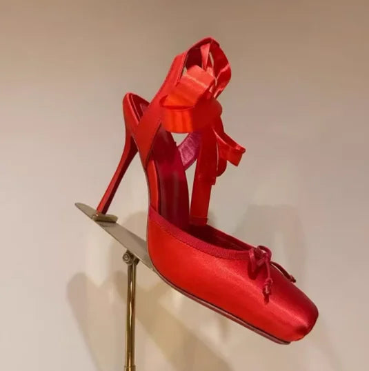 New style high heels with straps, satin toe cover, hollow square bow, thin heel, ballet style single shoes35-46
