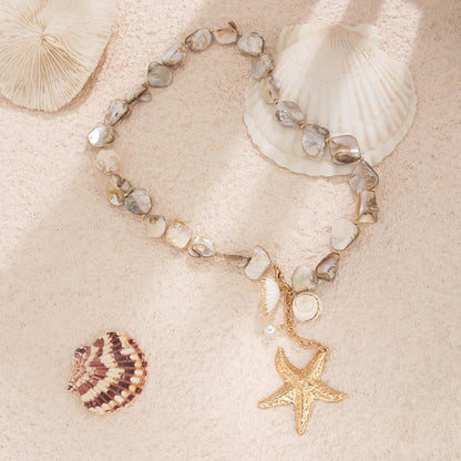 Retro Starfish White Shell Conch Pendant Necklace  Women 2024 Simple Creative Colorful Stones  Hand Woven beach Jewelry Girls