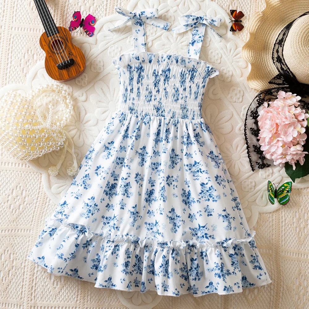 Floral Print Children Girl Dress Summer Elegant Sling Princess Dresses  Kids Beach Sundress Casual Cotton Baby Girl Clothing