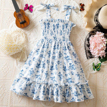 Floral Print Children Girl Dress Summer Elegant Sling Princess Dresses  Kids Beach Sundress Casual Cotton Baby Girl Clothing