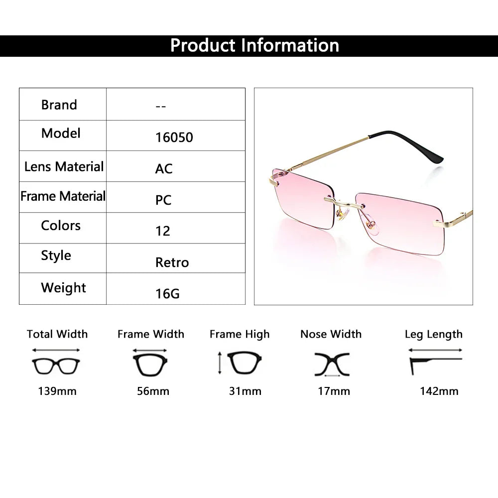 1Pc Women Vintage Sunglasses Luxury Design Rectangle Rimless Sun Glasses Retro UV400 Gradient Glasses Fashion Unisex Eyeglasses