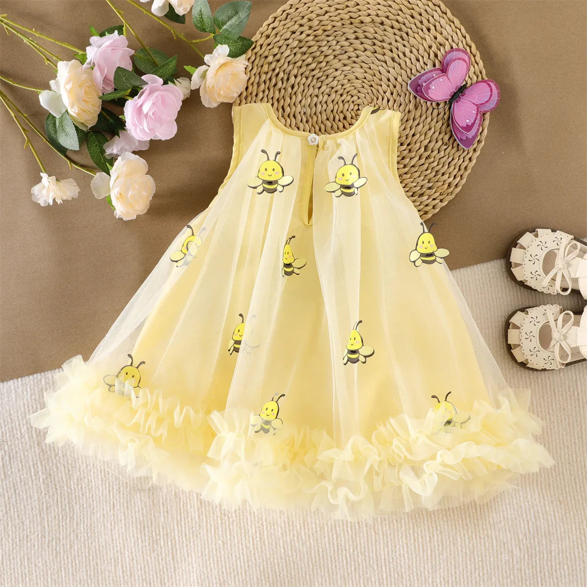 2026 Summer 12M-5Y Childrens Clothes Cute Bee Print Girls Dress with Tulle Skirt Sleeves Fluffy Dress for Girls