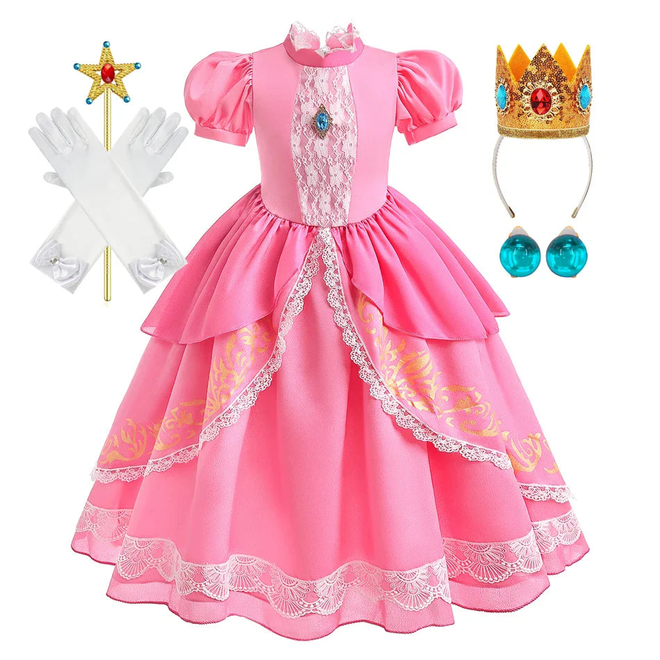Fantasia de Princesa Pêssego com Luz LED Colorida para Aniversário de Criança Jogo de Roleplay Vestido de Menina para Halloween Festival Rosa Renda 2-9 Anos C
