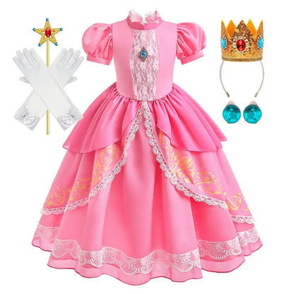 Fantasia de Princesa Pêssego com Luz LED Colorida para Aniversário de Criança Jogo de Roleplay Vestido de Menina para Halloween Festival Rosa Renda 2-9 Anos C