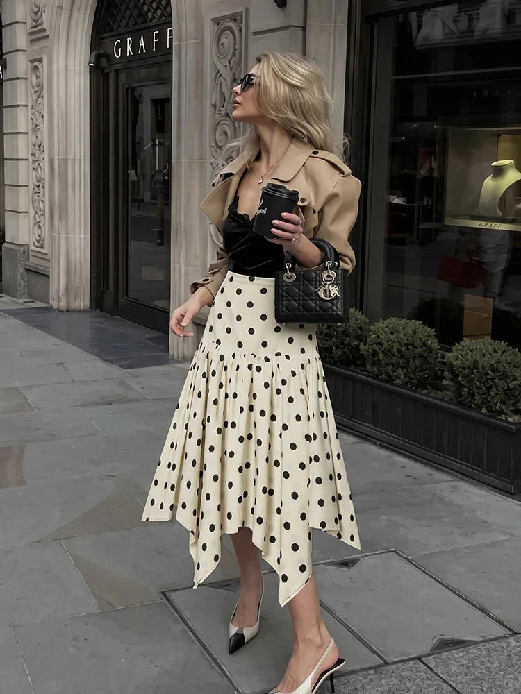 Elegant Summer Women Polka Dot Midi Skirt 2026 High Waist Irregular Hem Flowy Ruffle Skirt Beach Vacation Office Party Casual